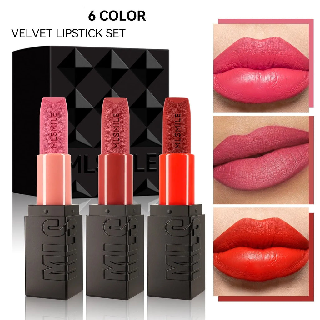 MLSMILE three embossed lipsticks in rose gold cases with decorative design