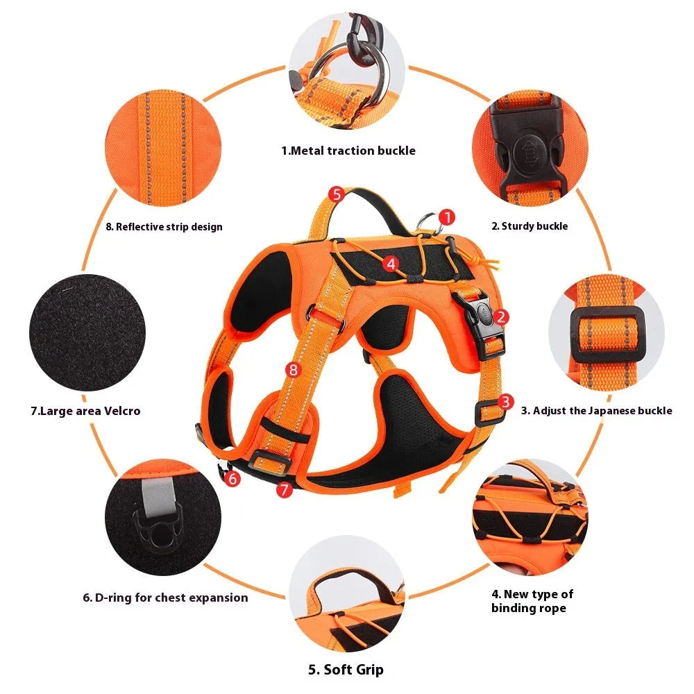 Reflective explosion-proof dog vest harness with detachable hand-held rope in multiple colour options