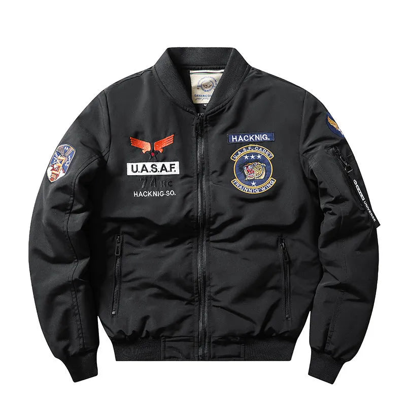 Slim-fit men's black retro motorcycle coat with stand collar and embroidery