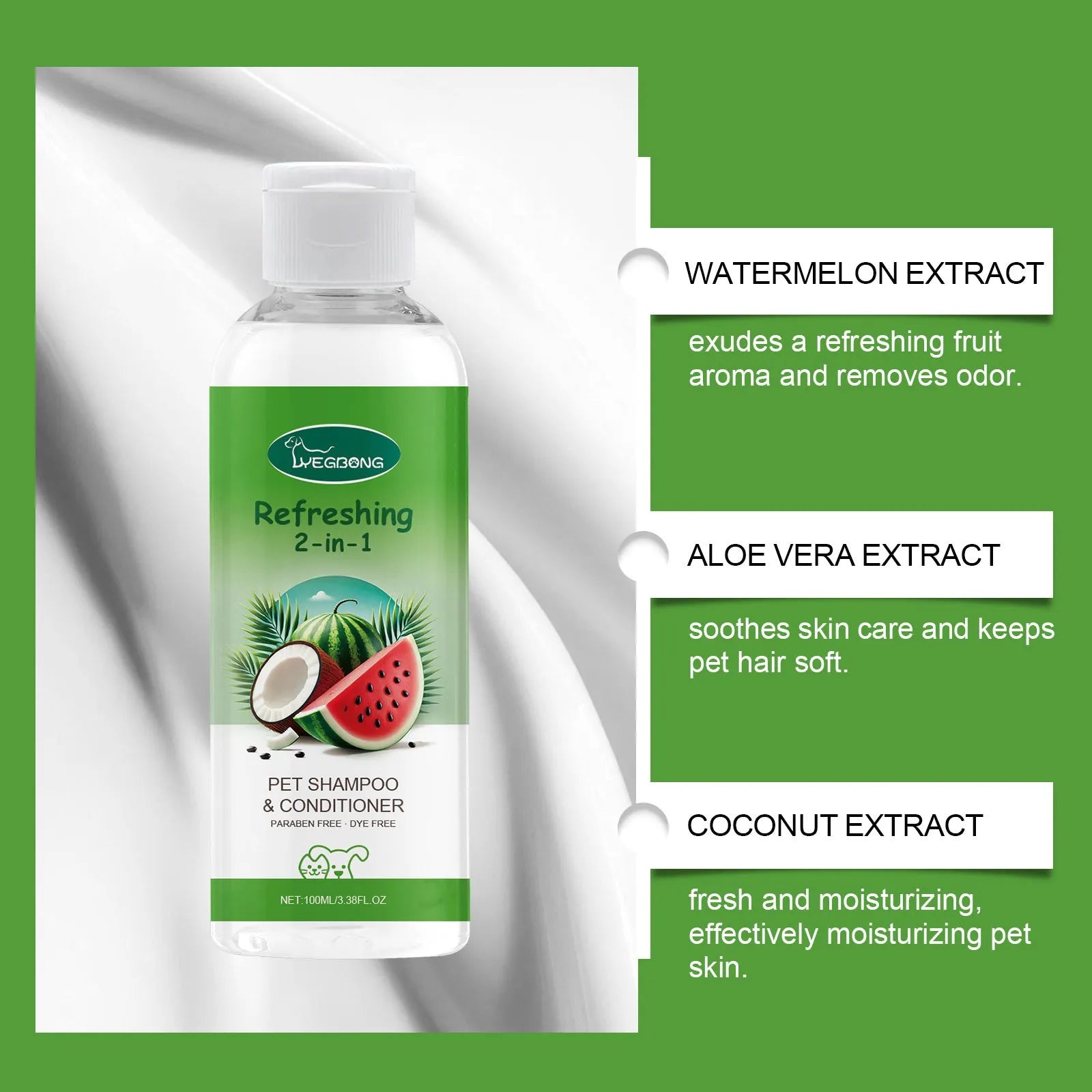 A 100ml bottle of pet 2-in-1 shampoo and fragrance shower gel for dogs and cats.