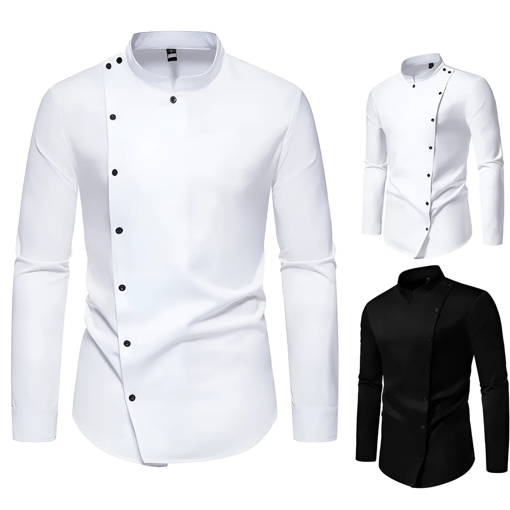 Men's long sleeve stand collar work shirt solid colour polyester blend loose fit black