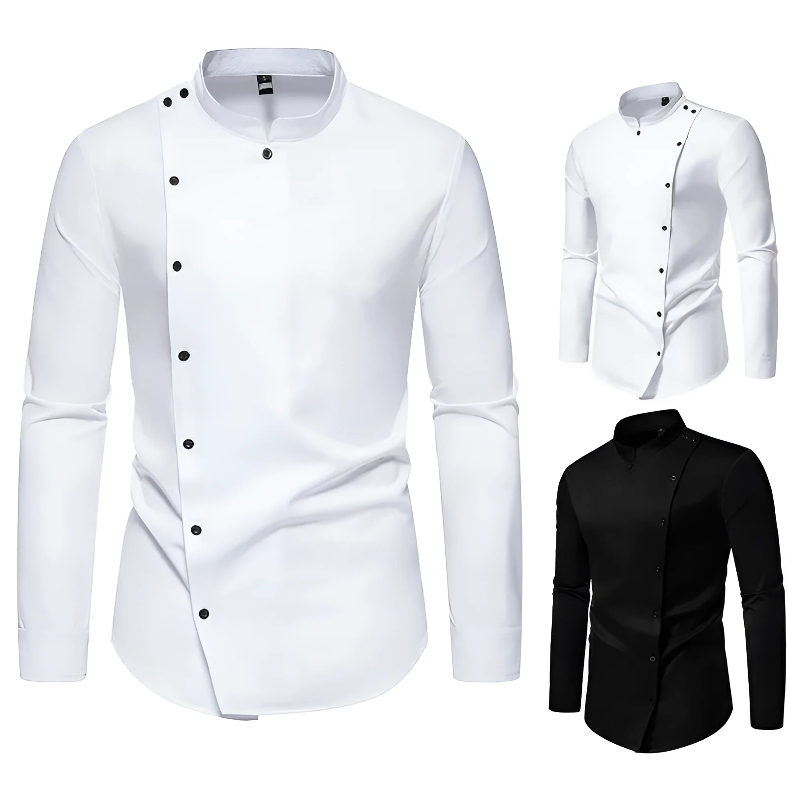 Men's long sleeve stand collar work shirt solid colour polyester blend loose fit black