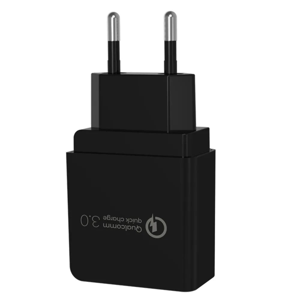 QC3.0 fast charger ETL certified in bright black with sub-black accents, PC fireproof material, EU plug