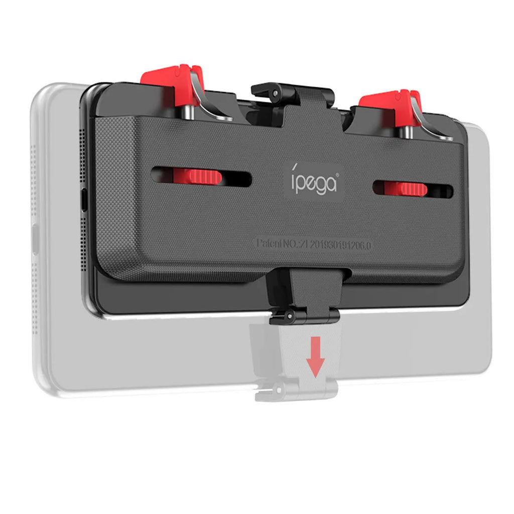 Black mobile gaming trigger stand with adjustable telescopic phone clip and sliding trigger button.