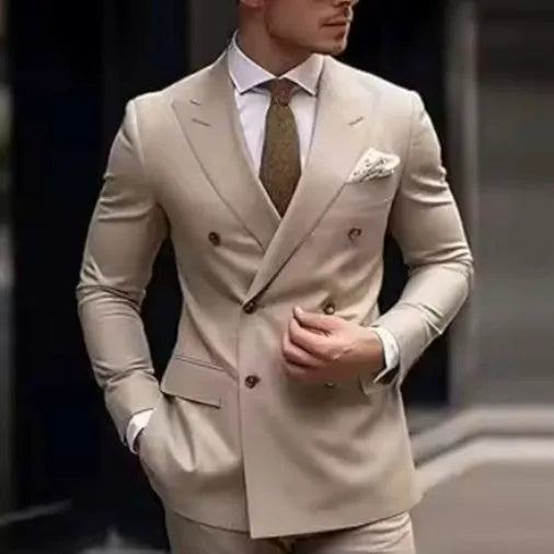 Men's slim fit two-piece suit in a grey cotton blend fabric, showing jacket and trousers laid flat.