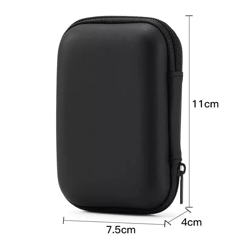 Compact black EVA travel storage box for headset cables, size 11x7.5x4 cm, on a neutral background.