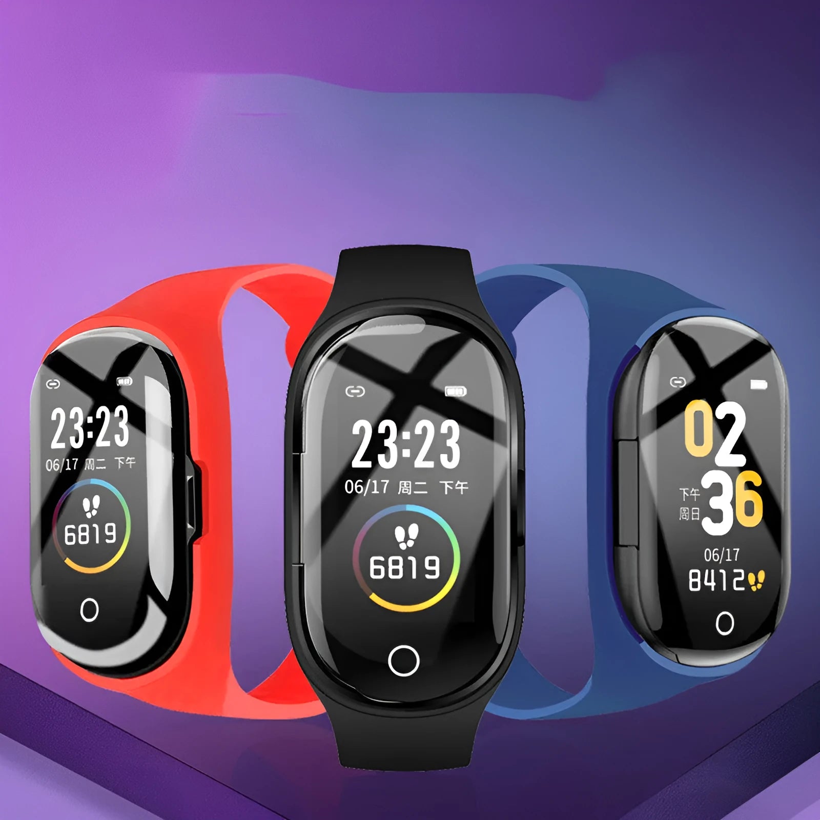 Android smart bracelet with integrated Bluetooth earphones in silicone wristband showing black, blue, and red colour options