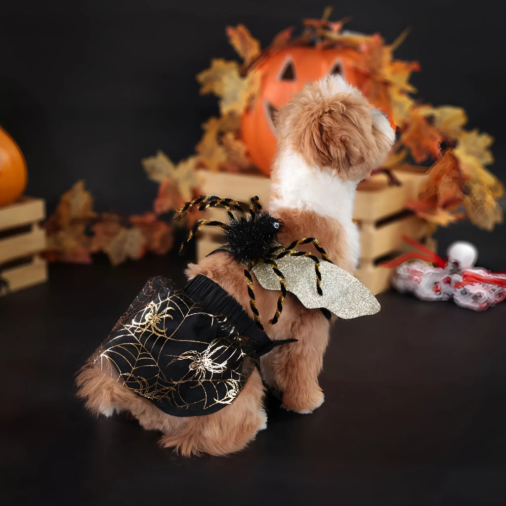 A dog wearing a polyester Halloween costume suit in a suit style.