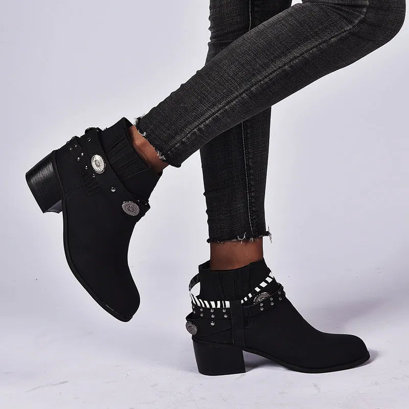Women's vintage high heel shoes with tassel detail, round toe, back-tie fastening, thick block heel, black or brown