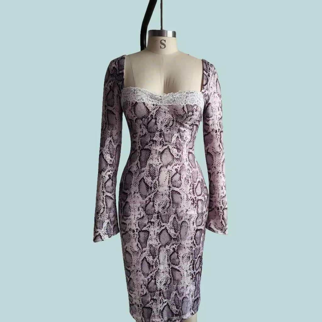 Grey slim fit lace dress with 3D digital pattern and a-line skirt silhouette