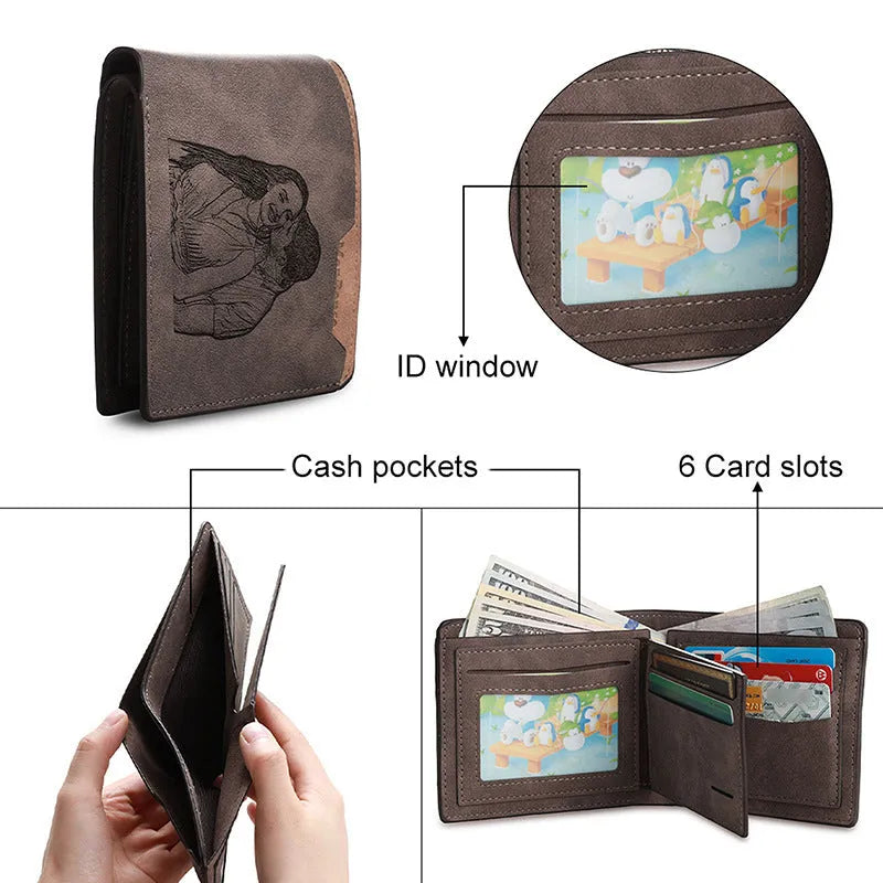 Coffee coloured engraved horizontal short wallet showing photo personalisation and 7 card slots