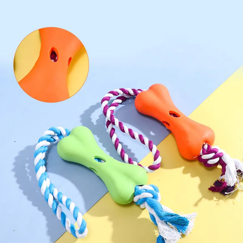 Green pet porous bone rope knot chew toy for dogs with treat stuffing openings