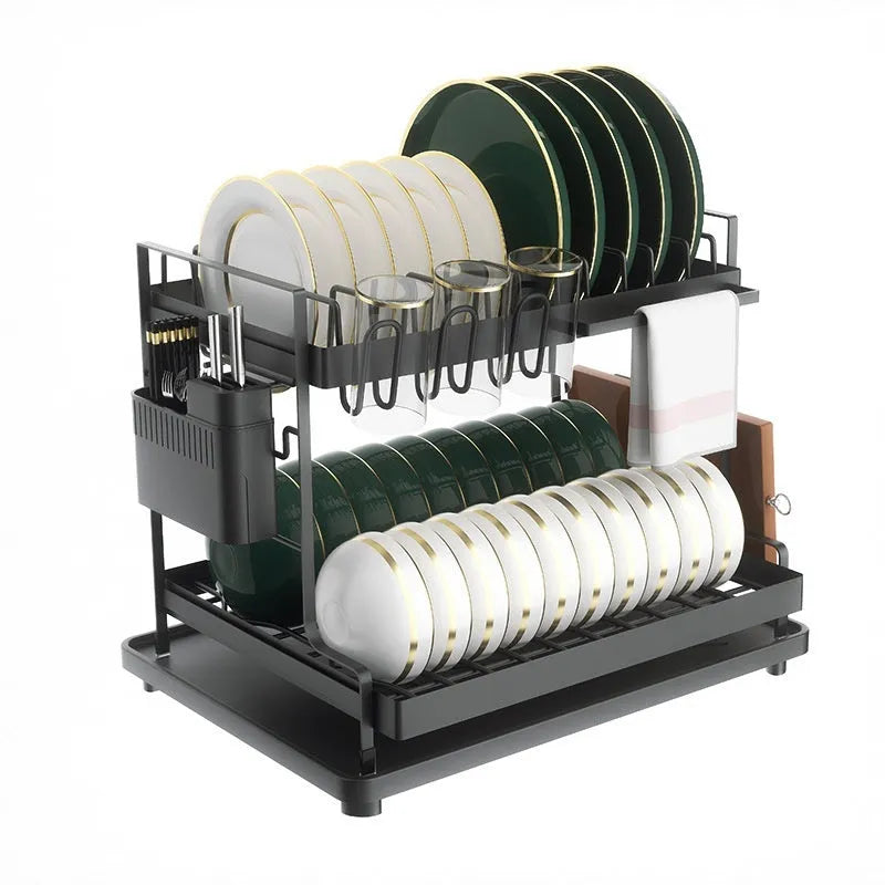 White double-layer kitchen storage rack with removable draining components on countertop