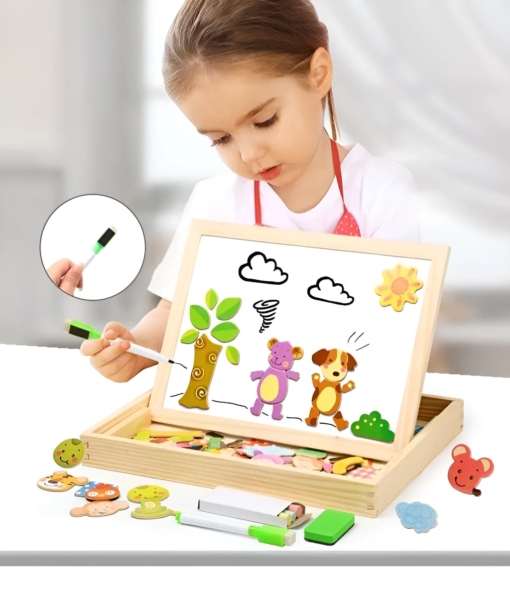 Wooden magnetic puzzle and drawing board toy for children with animal theme pieces.