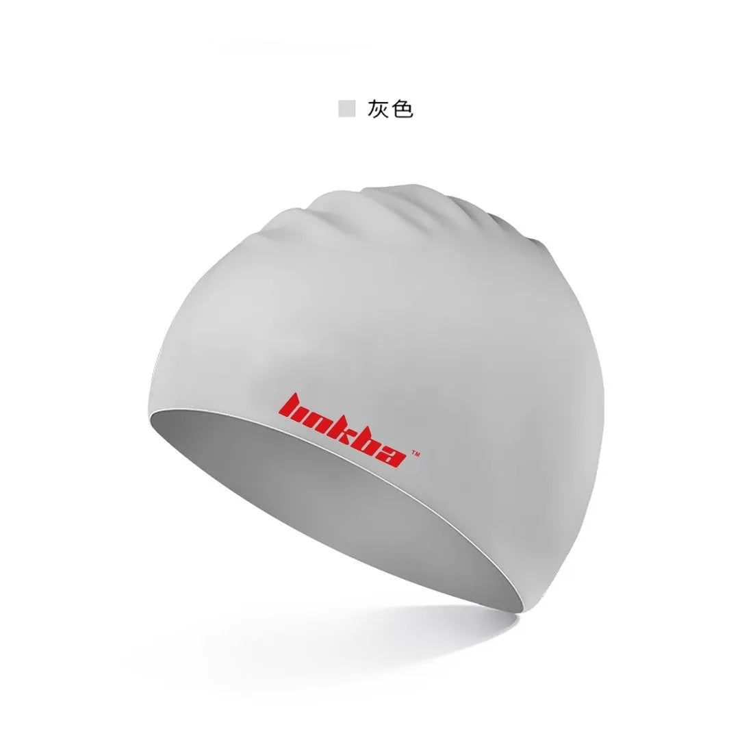 Silicone swimming cap with a coloured earmuff and letter pattern design.