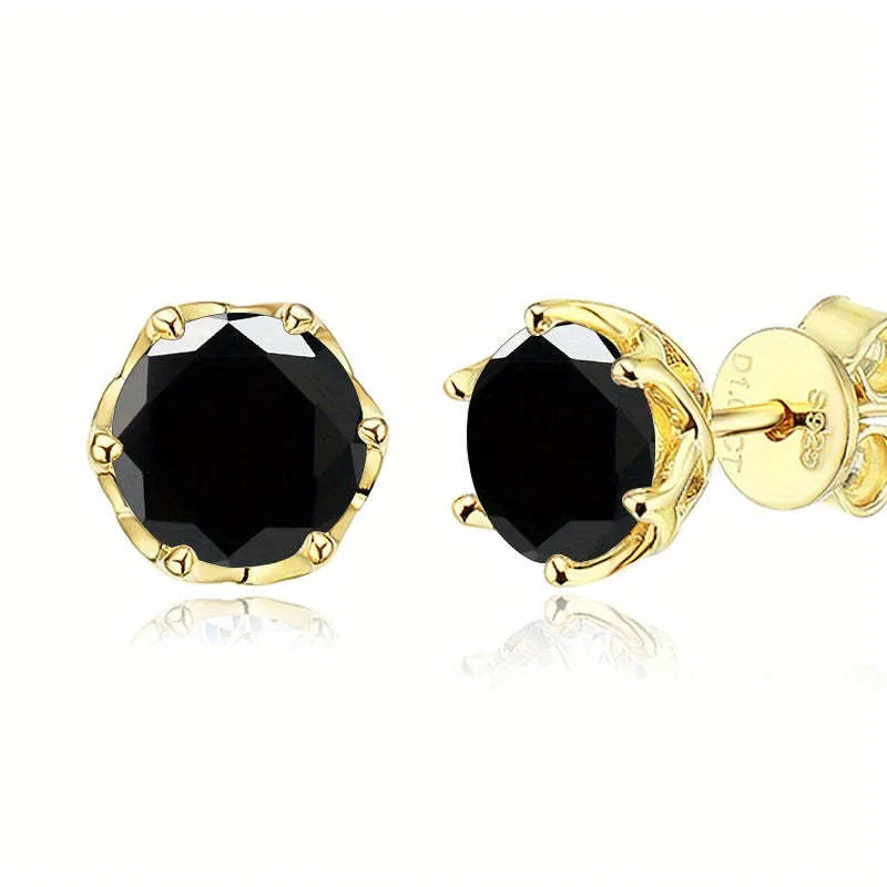 Black round mini ear studs in sterling silver plating with inlaid zircon on white background
