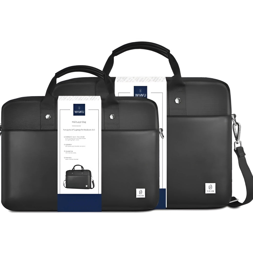 Black Oxford cloth laptop messenger bag with multiple compartments and a lock, shown in 14-inch and 15.6-inch sizes.