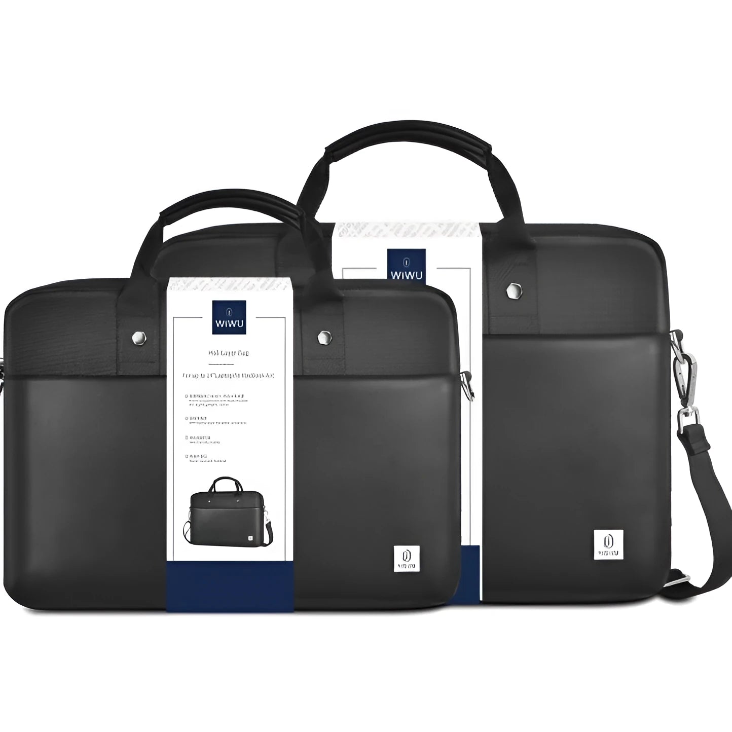 Black Oxford cloth laptop messenger bag with multiple compartments and a lock, shown in 14-inch and 15.6-inch sizes.