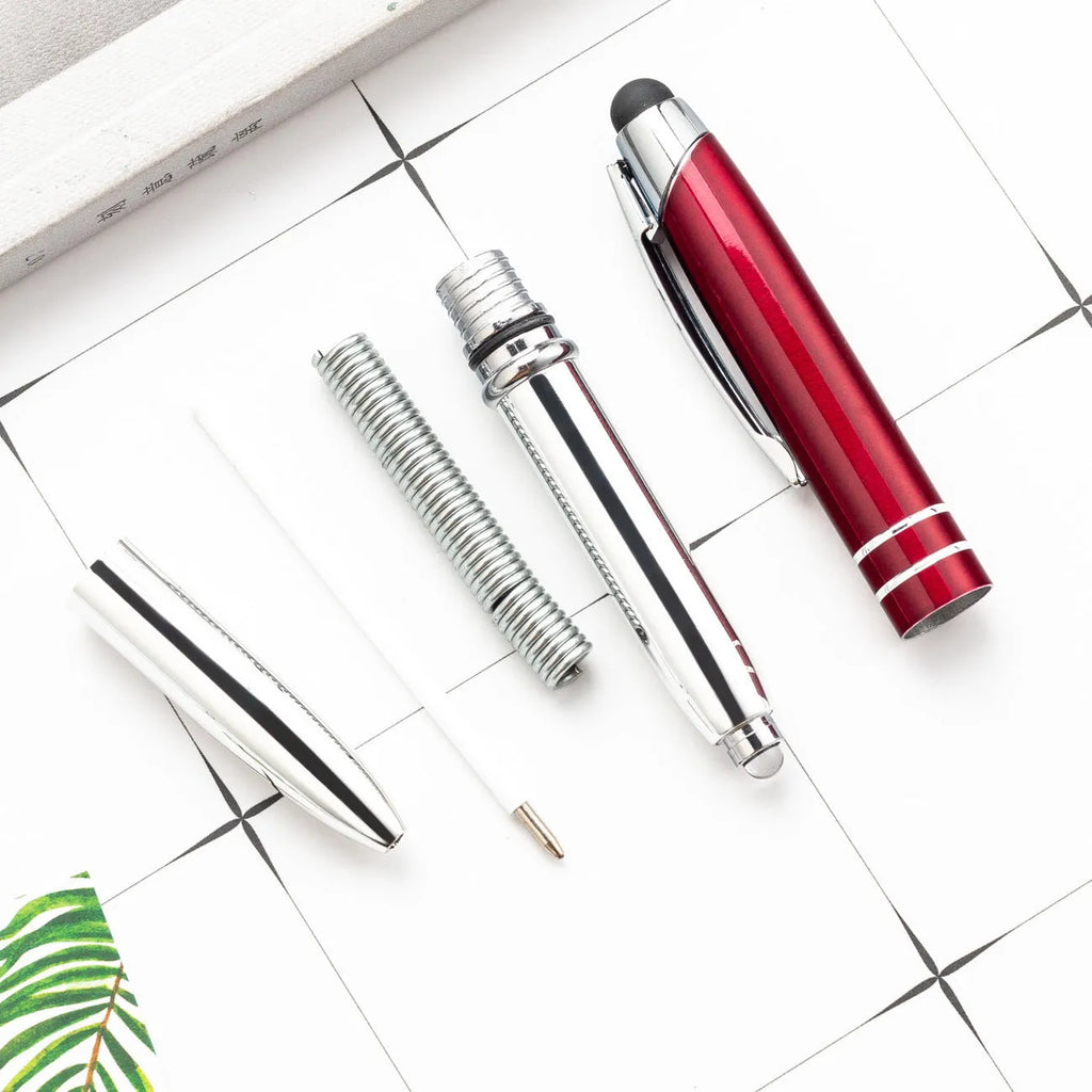 Metal touch screen stylus ballpoint pen with LED light in red, black, white, green, and blue colour options