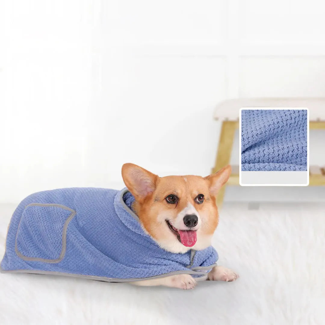 Blue adjustable dog bath robe towel wrapped around medium-sized dog