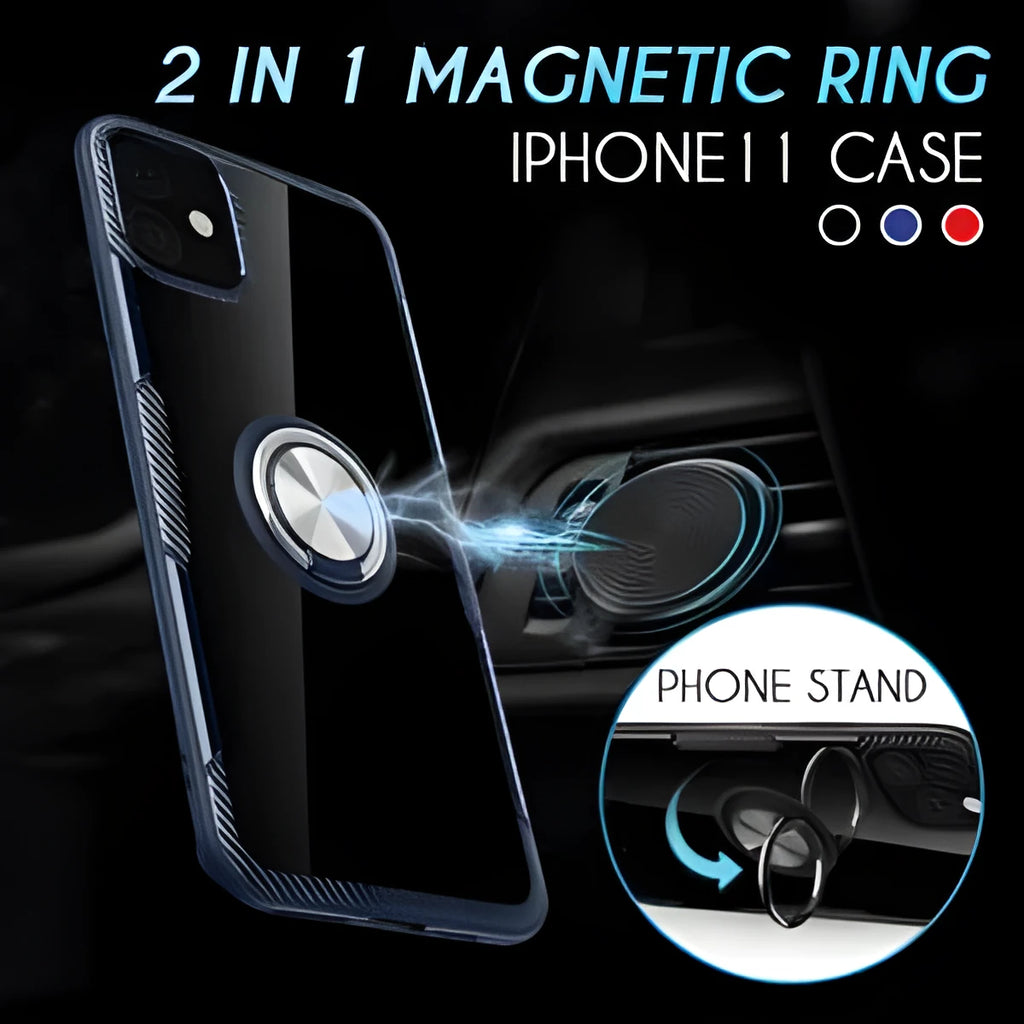 Black iPhone 11 Pro Max phone case with integrated car holder arm, showing port access and textured grip.