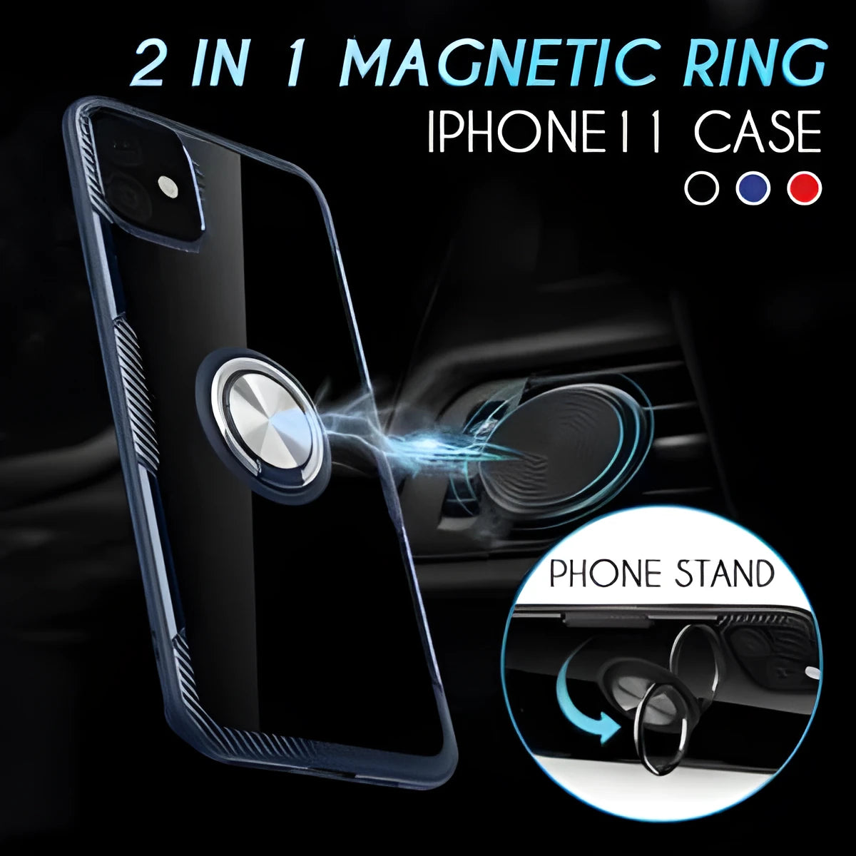 Black iPhone 11 Pro Max phone case with integrated car holder arm, showing port access and textured grip.