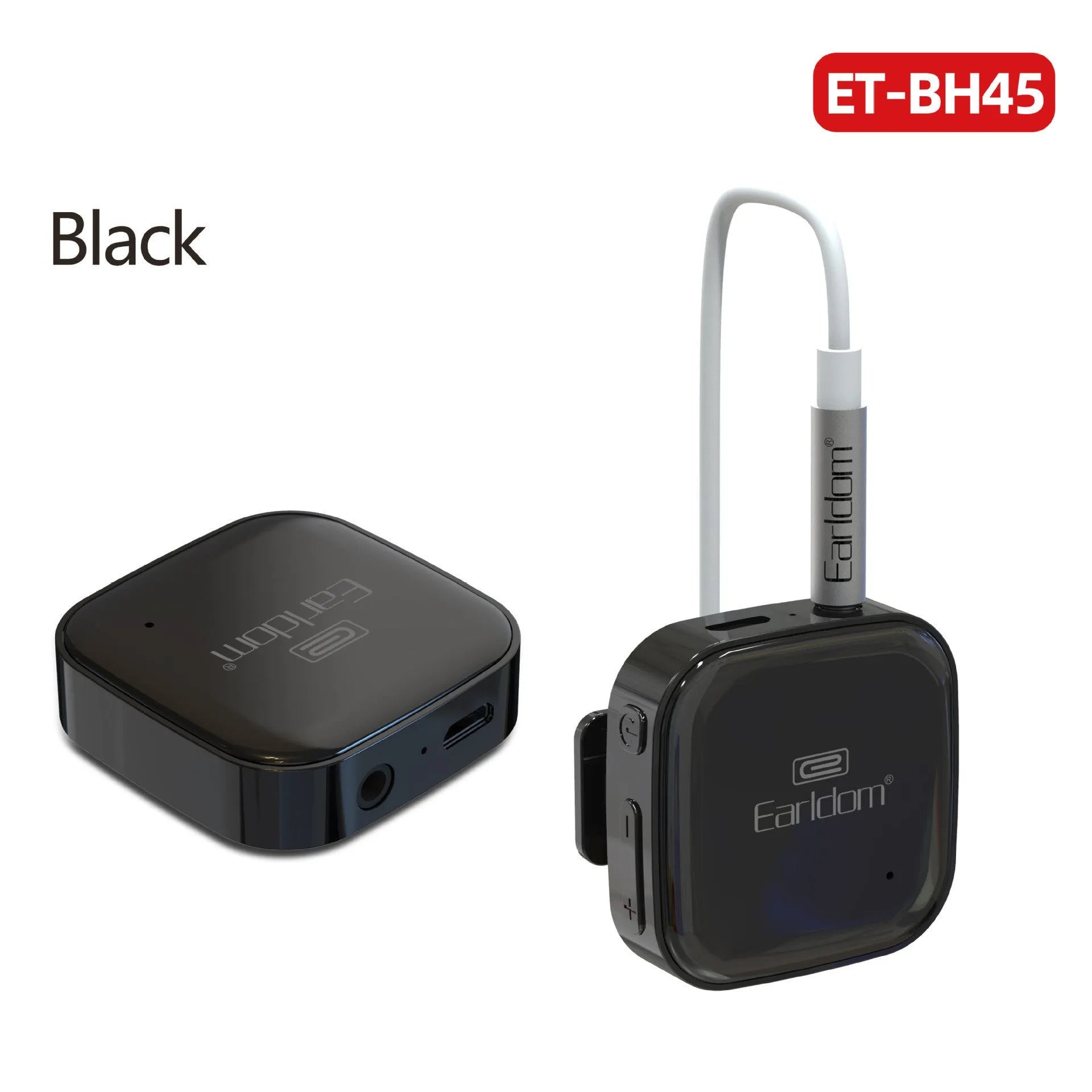 Black Bluetooth audio receiver headphones with lavalier clip for running and hands-free calling