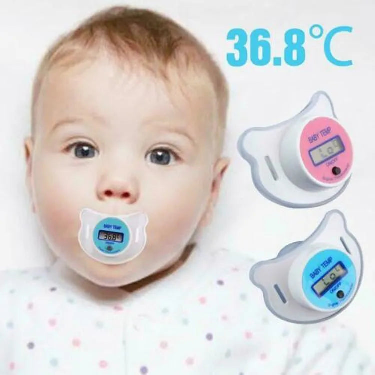 Baby pacifier digital thermometer in blue and pink colours for infant temperature monitoring