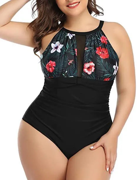 Women's black lace one-piece swimsuit on a hanger, showing front design.