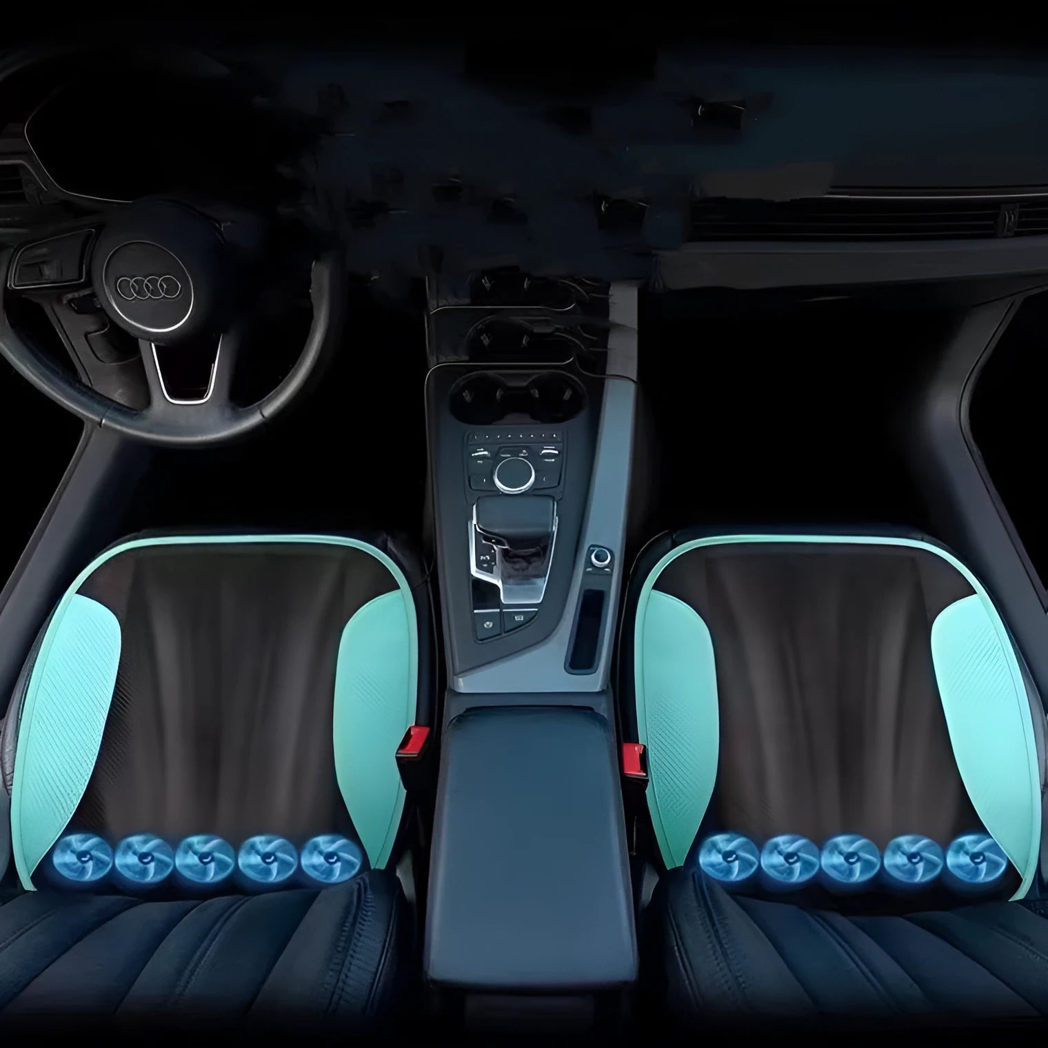 USB car ventilated seat cushion with suede cover in multiple colours on a car seat.