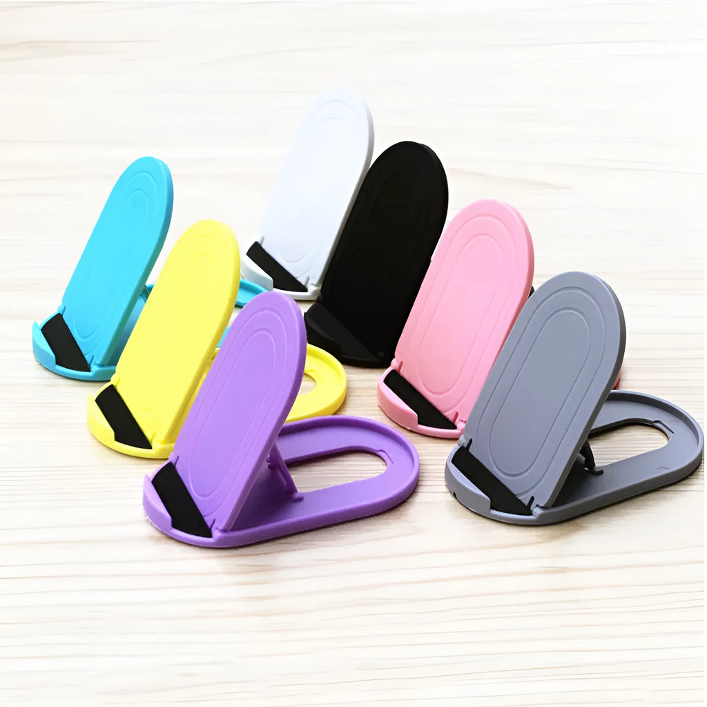 Adjustable plastic lazy bracket mobile phone stand in six colour options on desk
