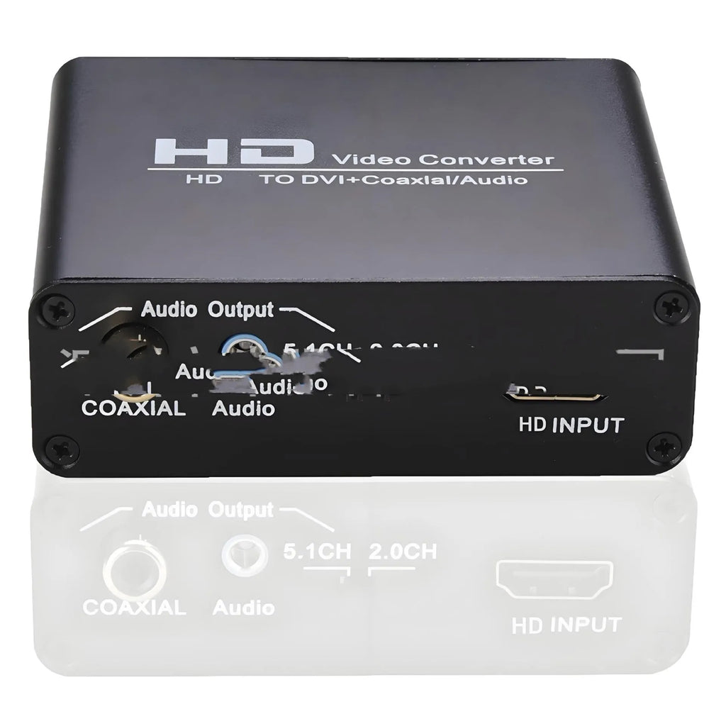 Black HDMI to DVI digital converter with coaxial audio output port and a 1.5-metre black connection cable.