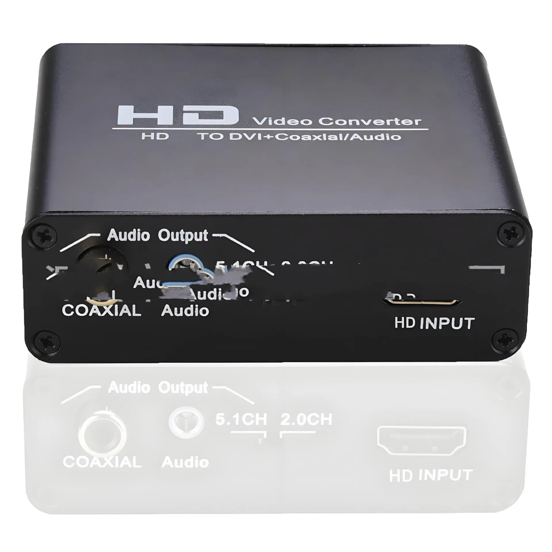 Black HDMI to DVI digital converter with coaxial audio output port and a 1.5-metre black connection cable.