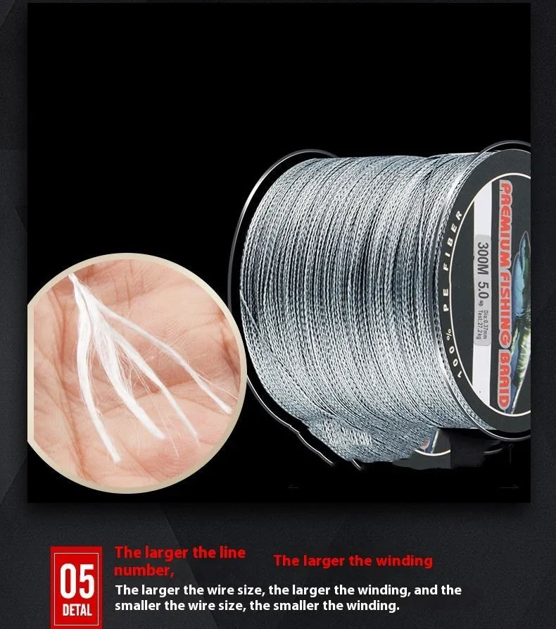 Spool of Dali Mayu PE braided fishing line showing colour options on a 300-metre reel