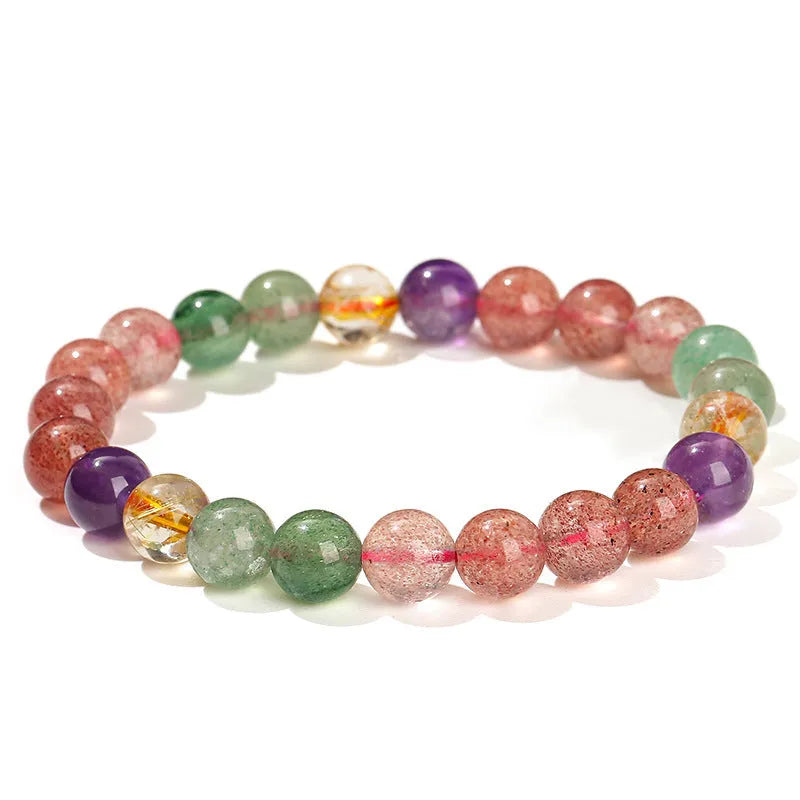 Strawberry quartz and tourmaline gemstone bracelet with round beads in geometry design