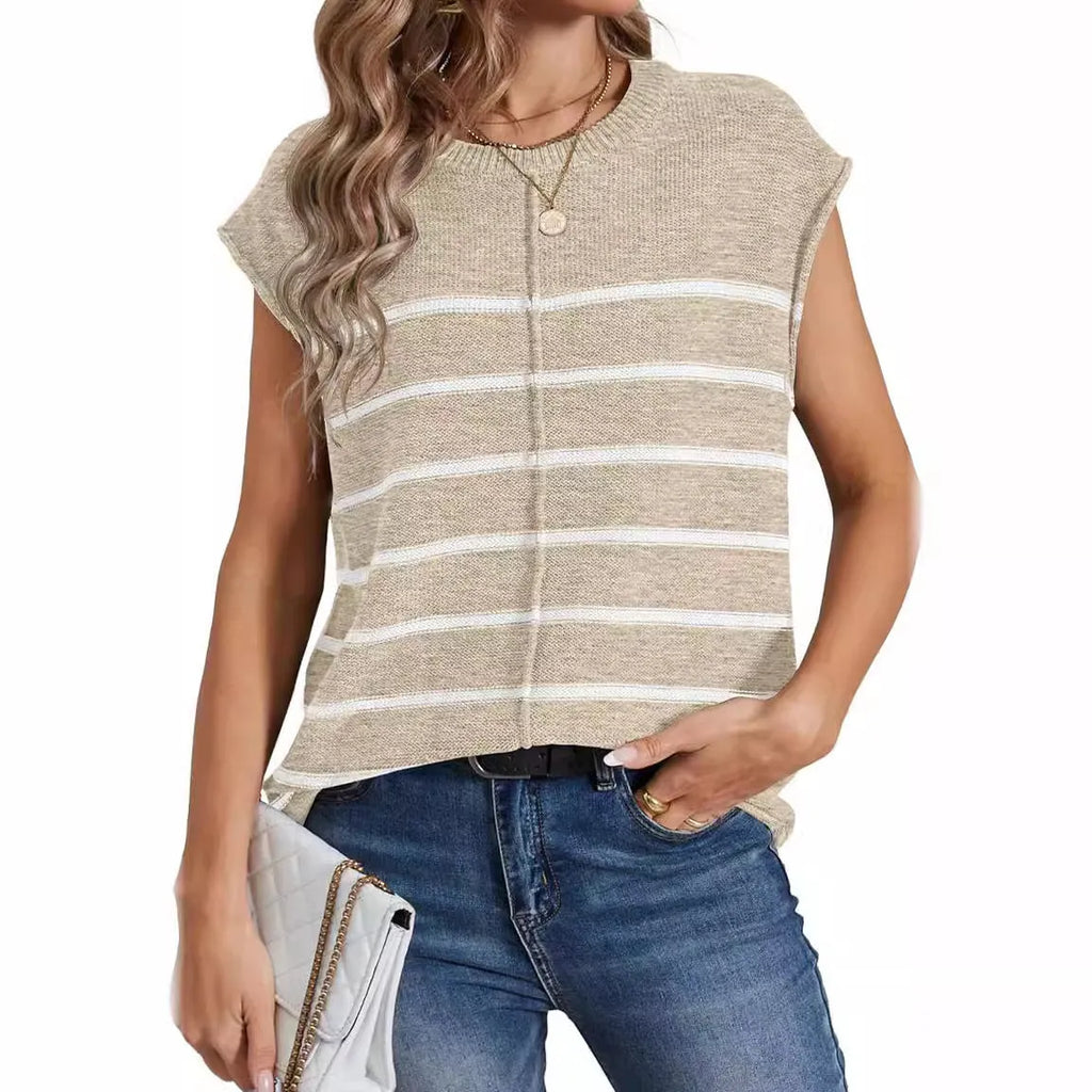 Women's striped sleeveless pullover vest in acrylic fabric on a hanger
