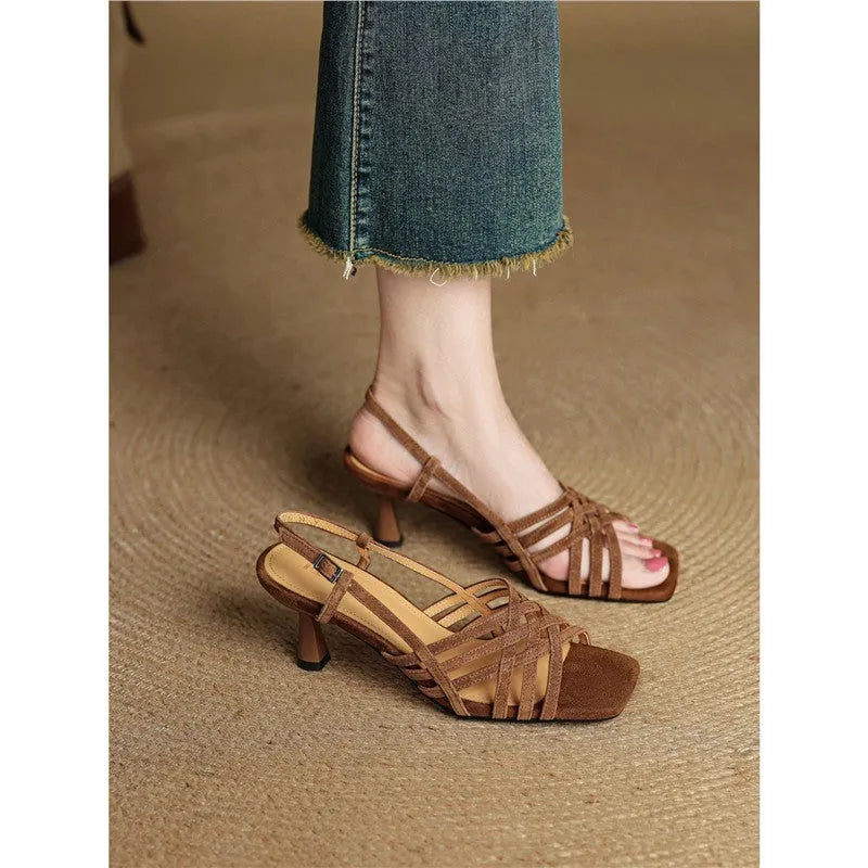 Women's light brown retro cross strap square toe mid heel sandals with ankle buckle