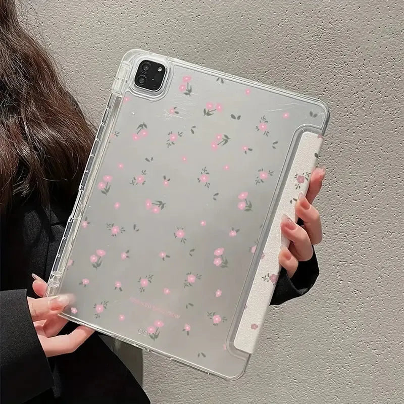 Transparent floral tri-fold tablet protective case with magnetic stand for iPad on white background