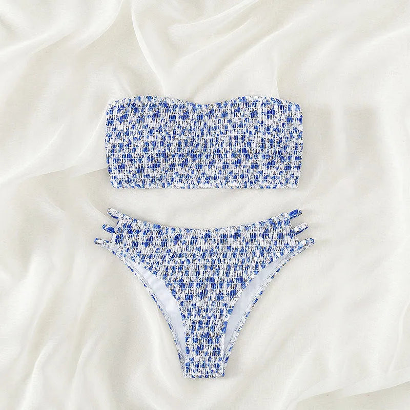 Women's strapless floral swimsuit with split back design and high-waisted briefs in multiple colour options
