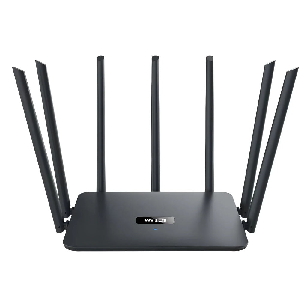 Black and white dual-band 5G gigabit router with multiple antennas on a wooden surface.