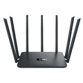 Black and white dual-band 5G gigabit router with multiple antennas on a wooden surface.