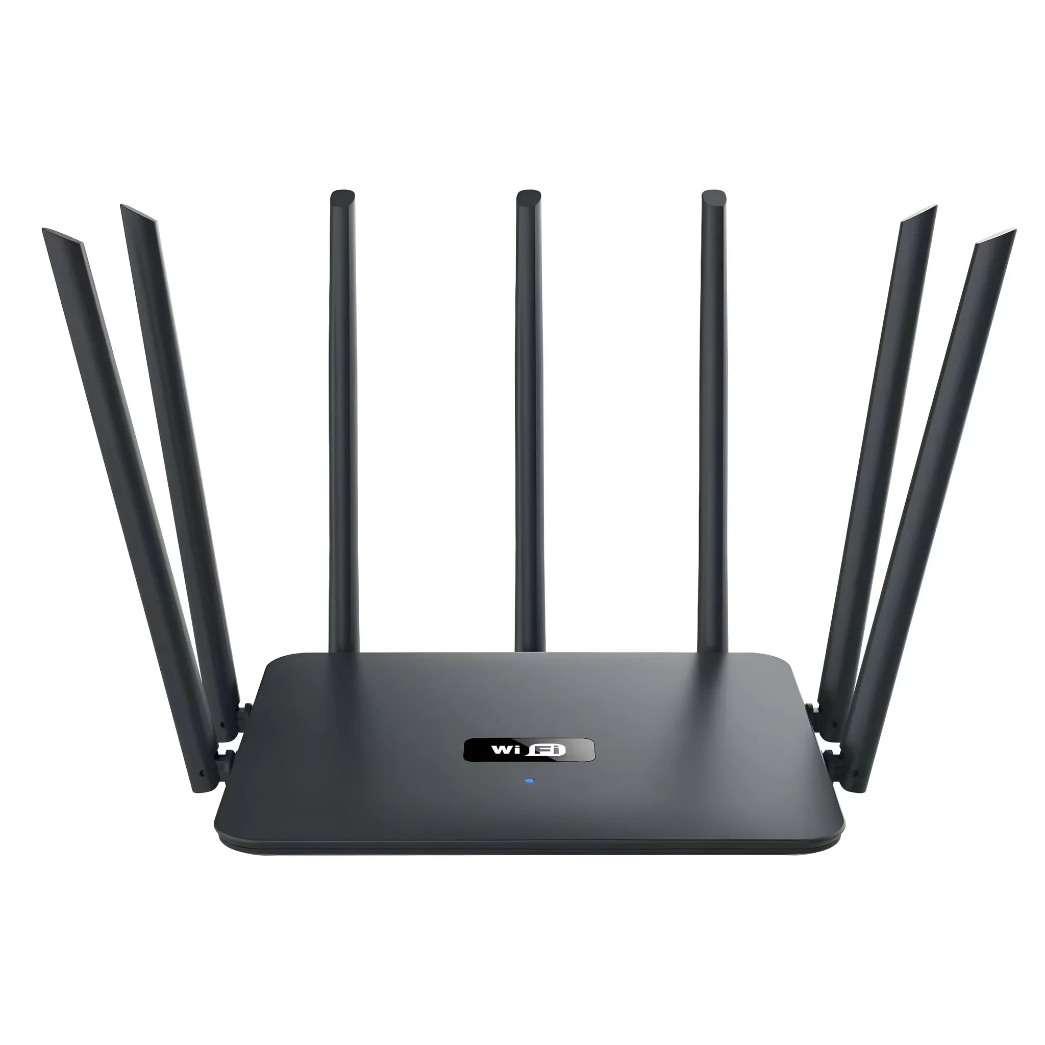 Black and white dual-band 5G gigabit router with multiple antennas on a wooden surface.