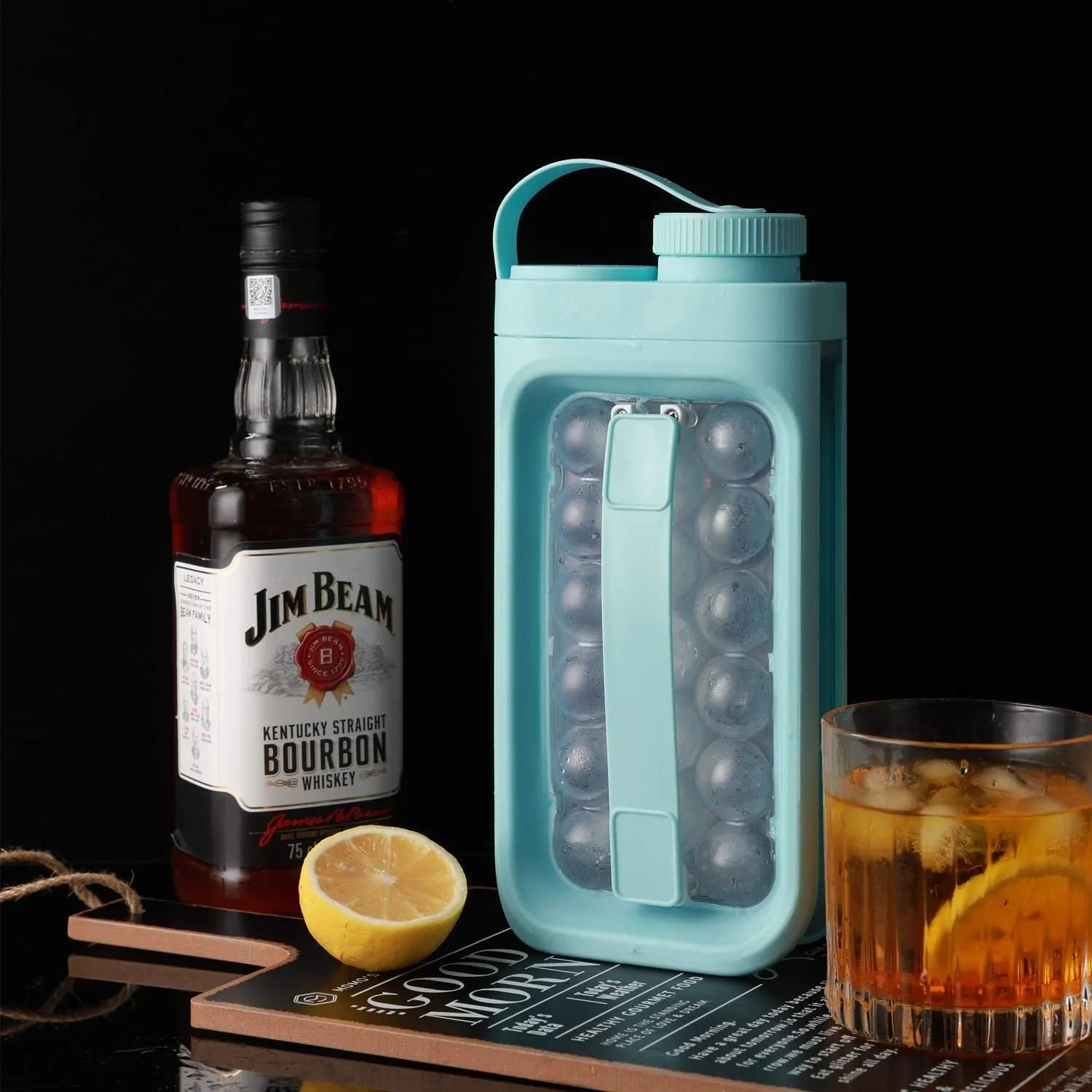 Light blue and white 2-in-1 portable ice ball maker with quick release mechanism for 17 ice balls