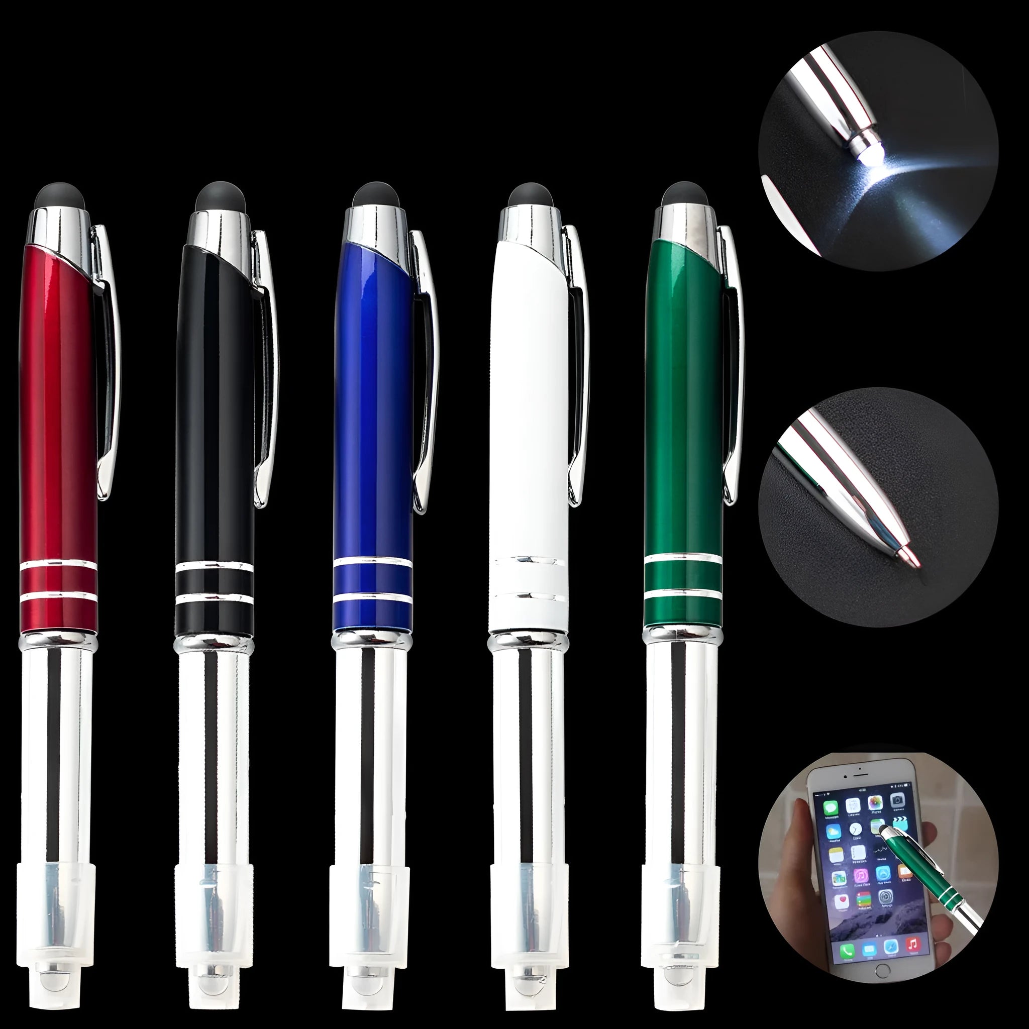 Metal touch screen stylus ballpoint pen with LED light in red, black, white, green, and blue colour options