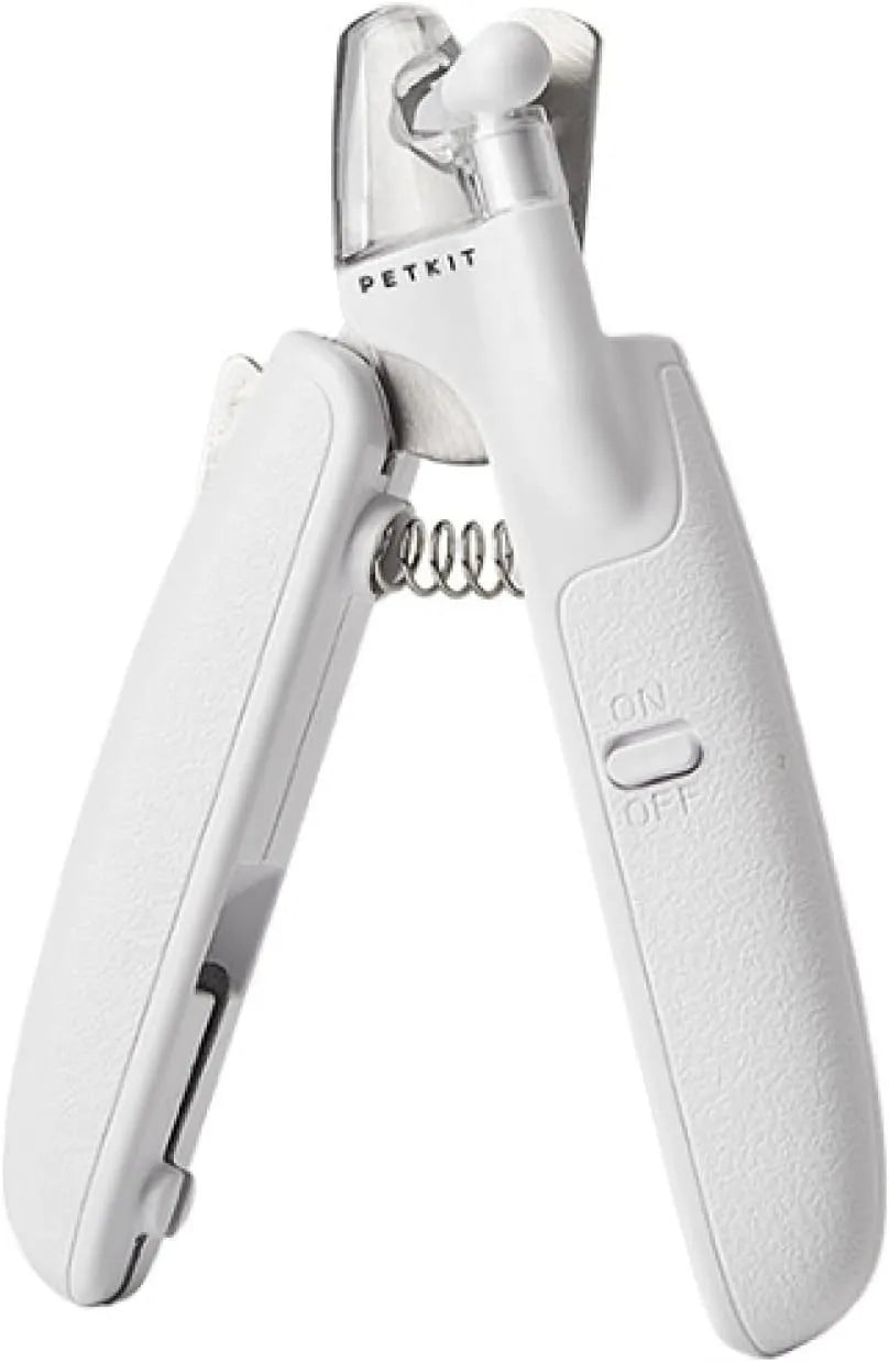 White pet nail clipper with LED light, transparent anti-splash guard, and leather-like handle
