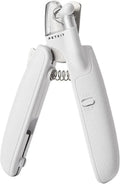 White pet nail clipper with LED light, transparent anti-splash guard, and leather-like handle