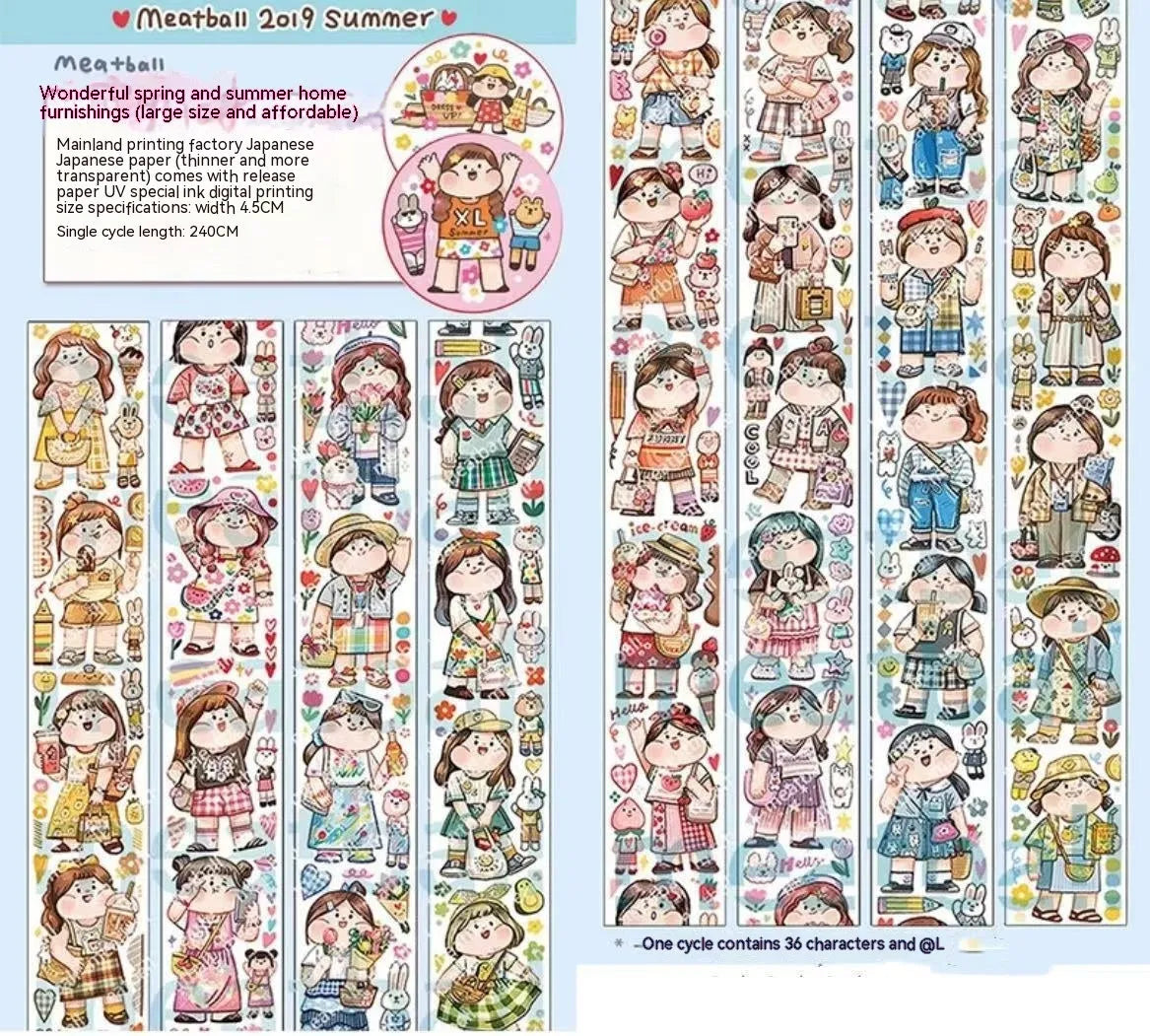 Sheet of cute cartoon character stickers for haemorrhoid tape packaging on Japanese paper.