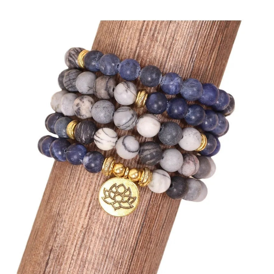Blue patterned network stone bead multi layer bracelet with alloy metal components