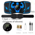 Blue EMS fitness slimming belt with abdominal stickers and wireless remote control unit