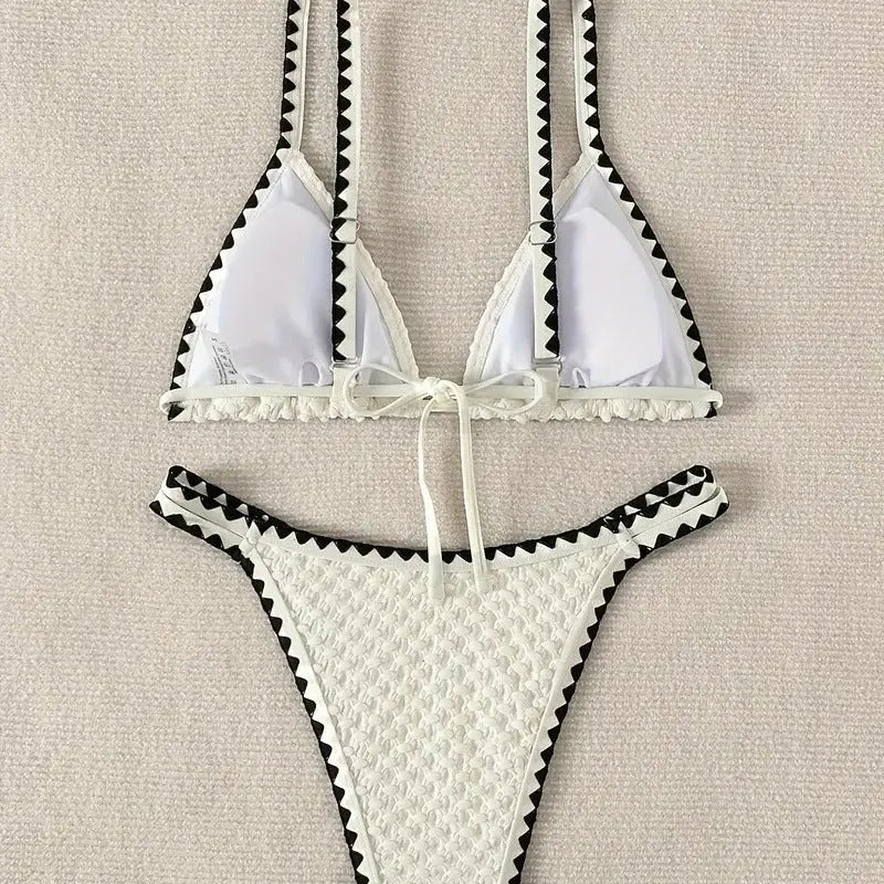 Women's sexy split bikini swimsuit in white or blue colour with brief style design
